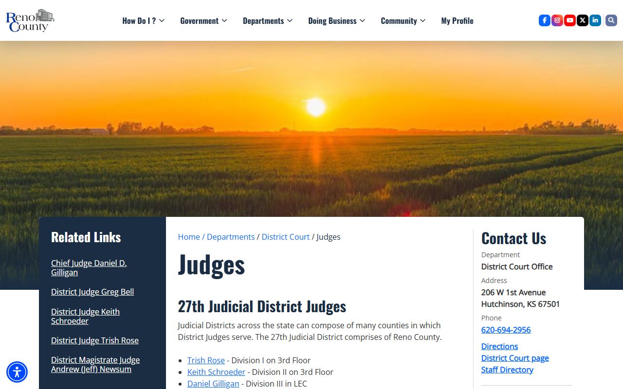 Reno County judges and clerk contact for Reno County Court records