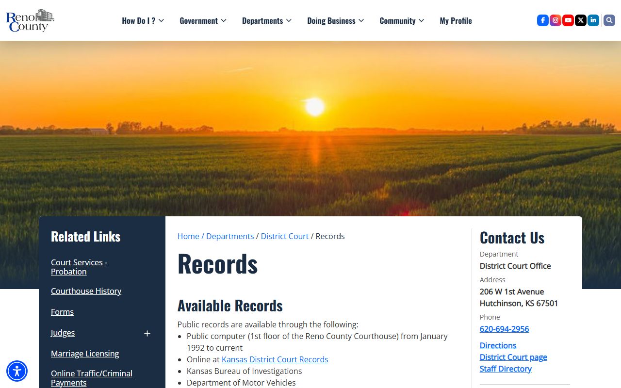 Reno County court records page for Reno County Court records