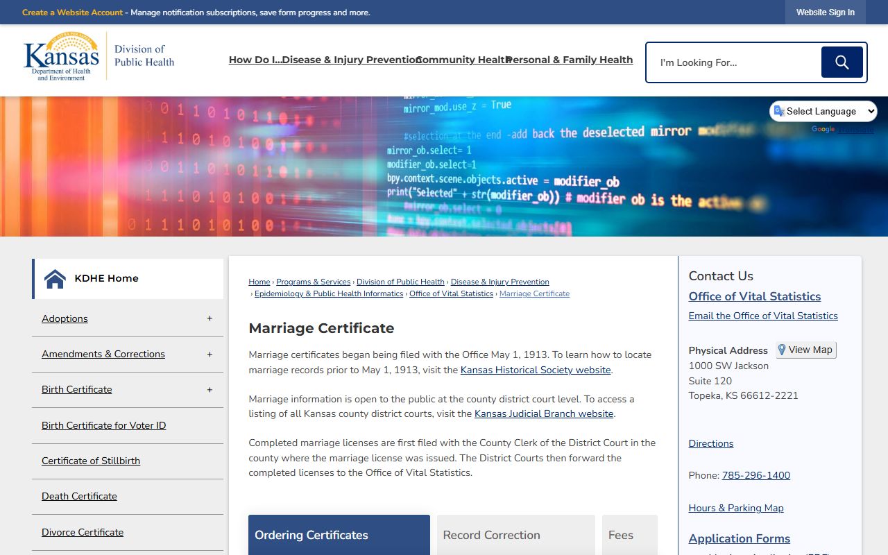 Reno County marriage records KDHE marriage certificate ordering